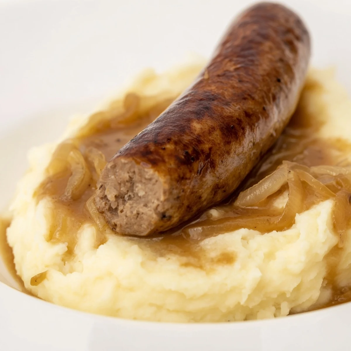 Juicy halal bangers and creamy mashed potatoes smothered in rich, savory onion gravy on a rustic dinner plate.