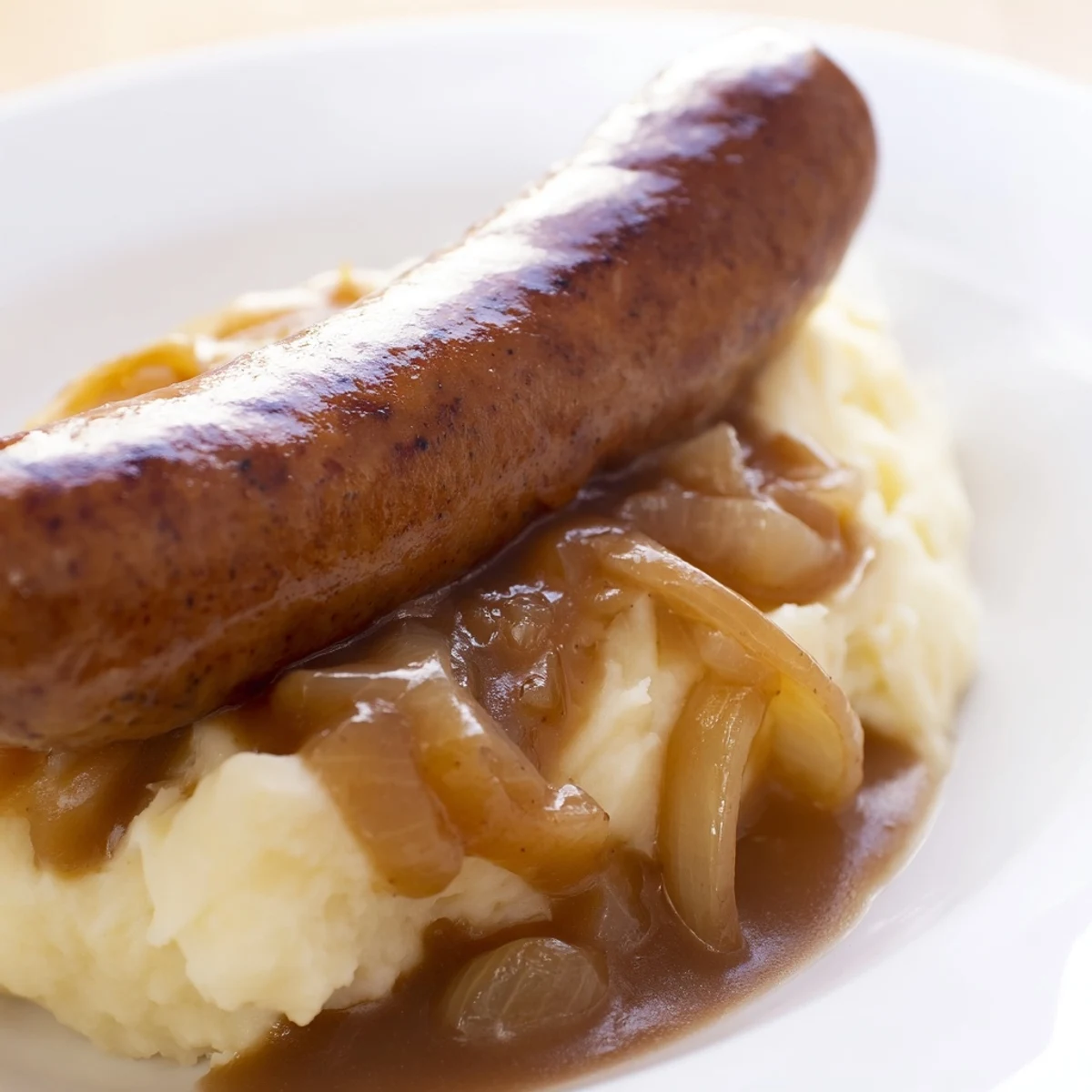 Savory bangers and mash with onion gravy, steaming on a plate beside a sprig of fresh parsley.