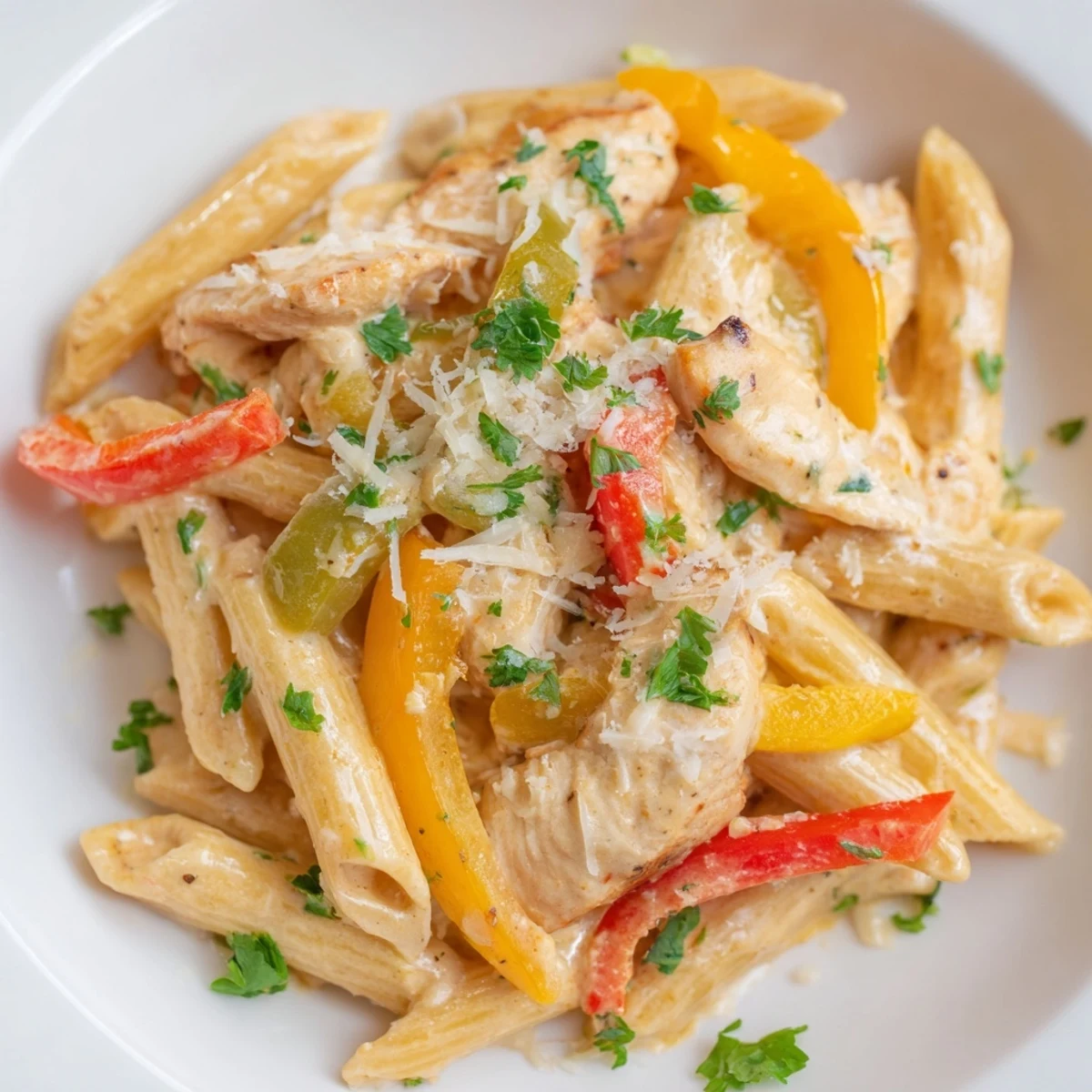 Creamy Cajun Chicken Pasta with Bell Peppers steams in a skillet, garnished with fresh parsley and Parmesan.