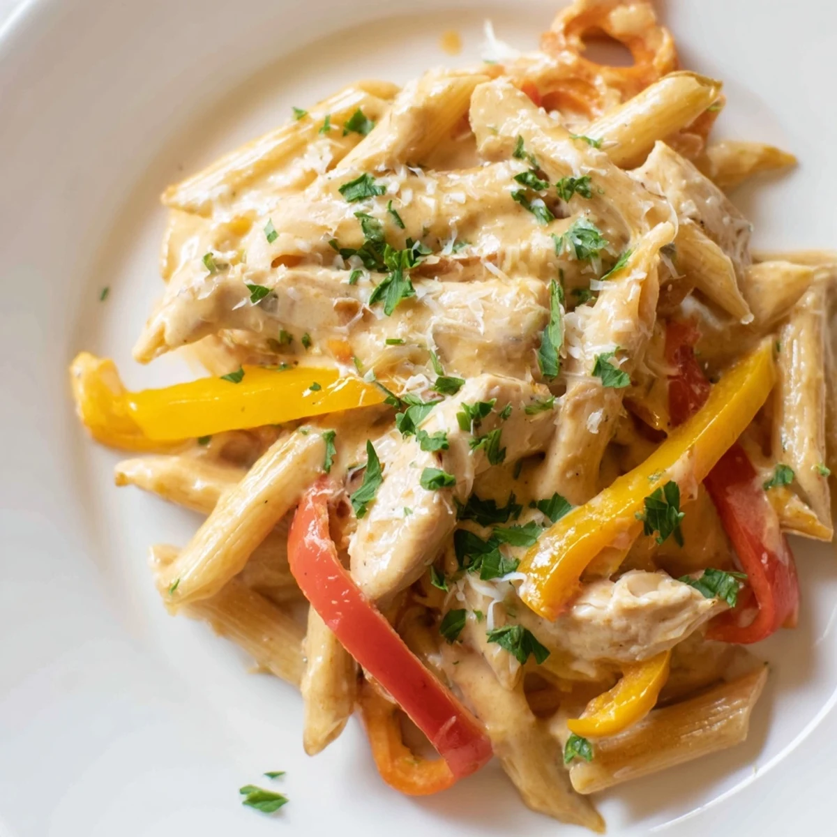 Colorful bell peppers and tender chicken nestle in Cajun-seasoned pasta, ready to serve for a spicy dinner.