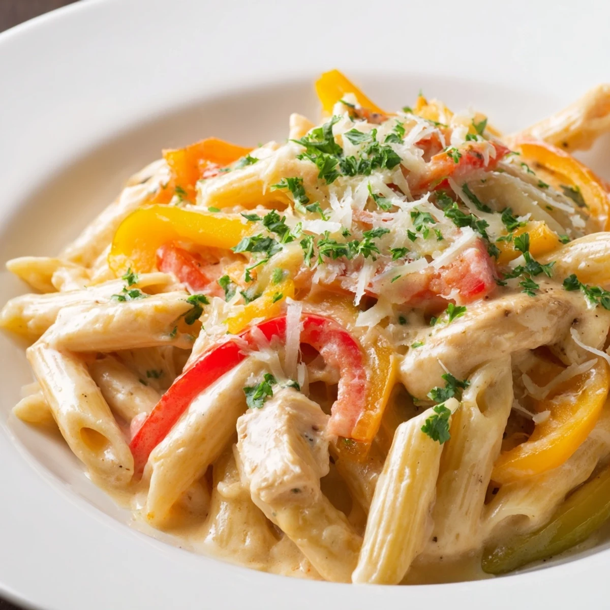 A close-up of Cajun Chicken Pasta with Bell Peppers shows creamy sauce coating penne and golden chicken.