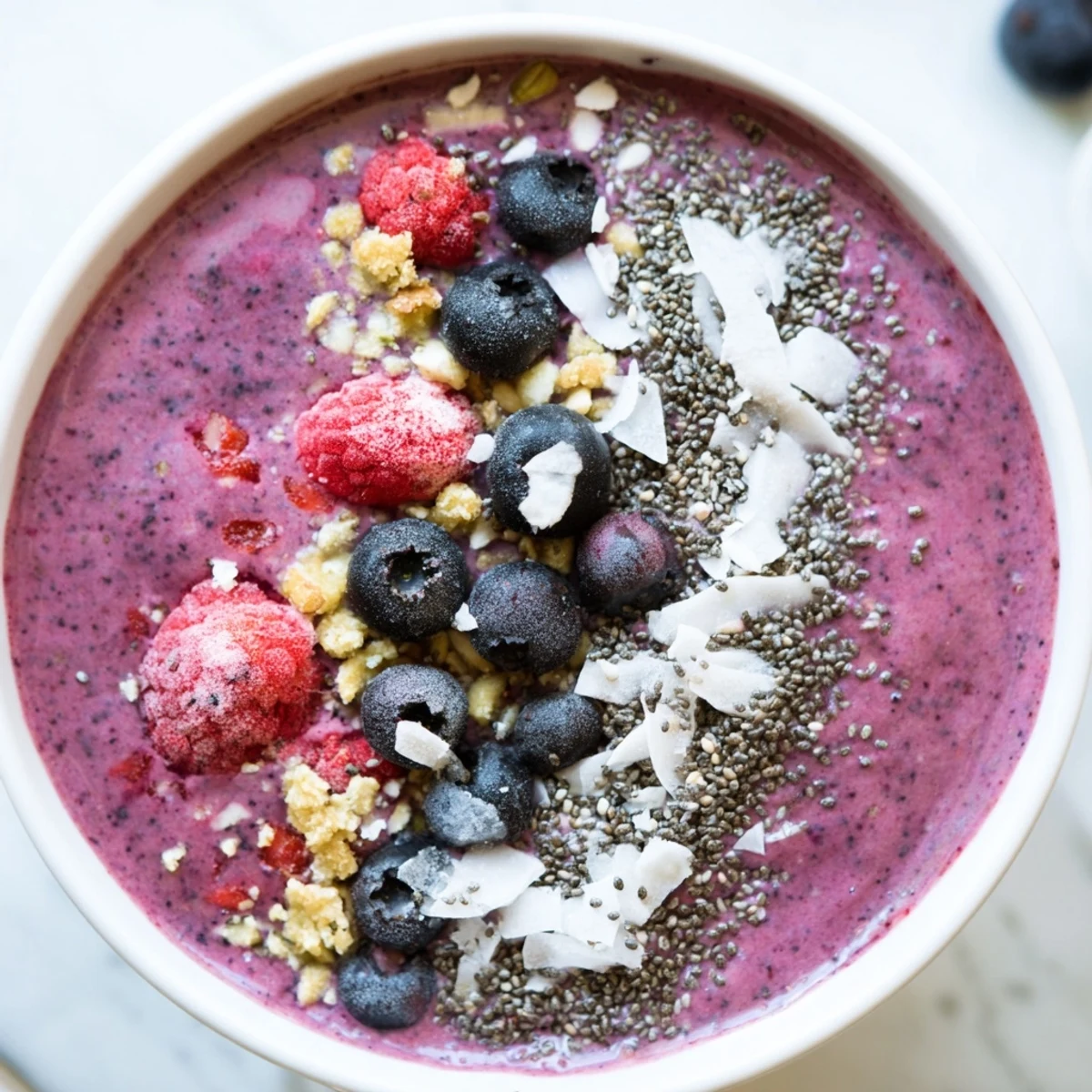 Thick purple smoothie bowl topped with chia seeds, hemp seeds, fresh berries, and crunchy granola.  