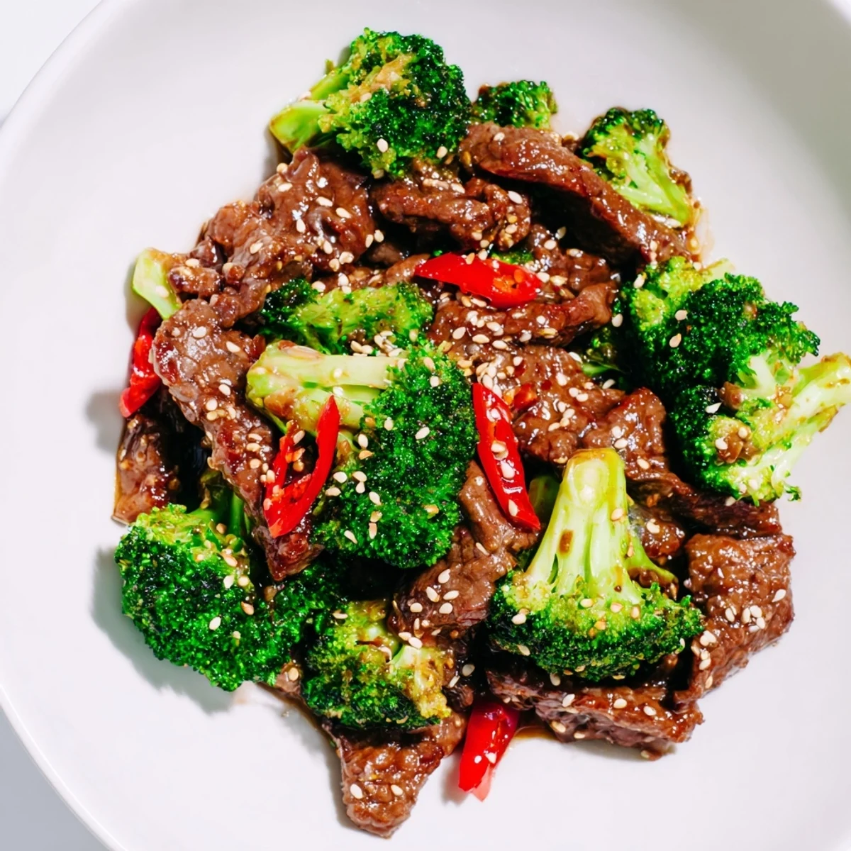 Fresh green onions and toasted sesame seeds garnish the steaming, saucy beef and broccoli.