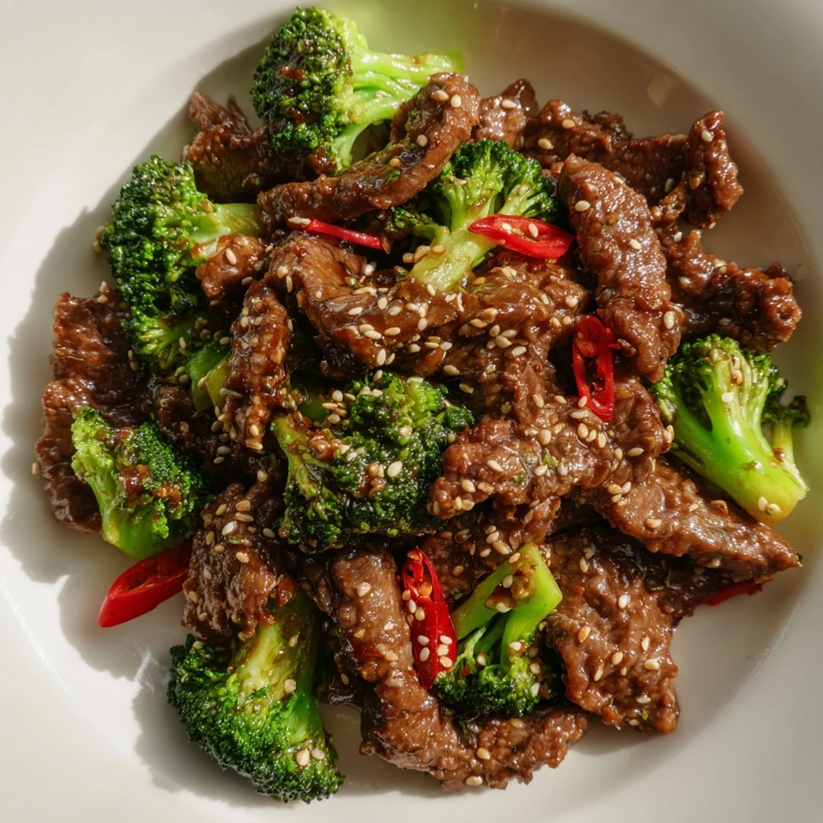 Plated over fluffy white rice, this spicy beef and broccoli stir fry looks vibrant.