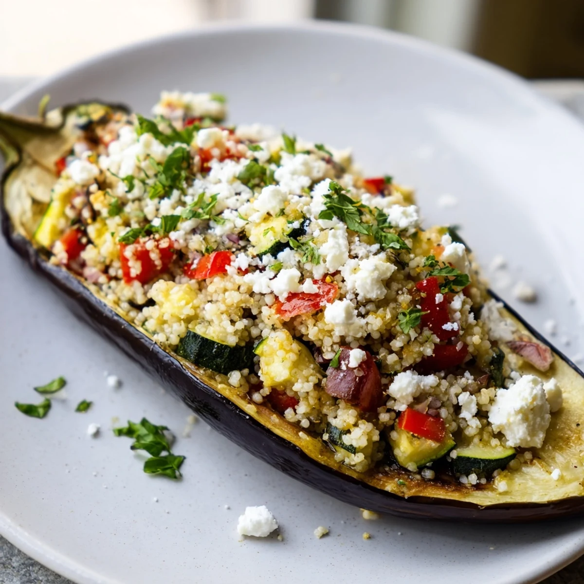 Roasted Mediterranean stuffed eggplant with couscous, topped with crumbled feta and fresh herbs.