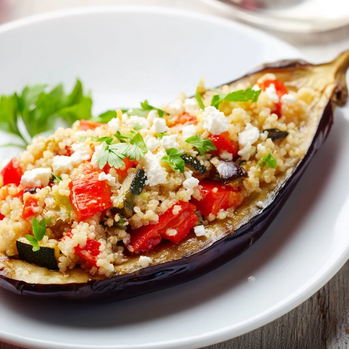 Golden-brown roasted eggplant halves filled with savory Mediterranean couscous, vegetables, and spices.