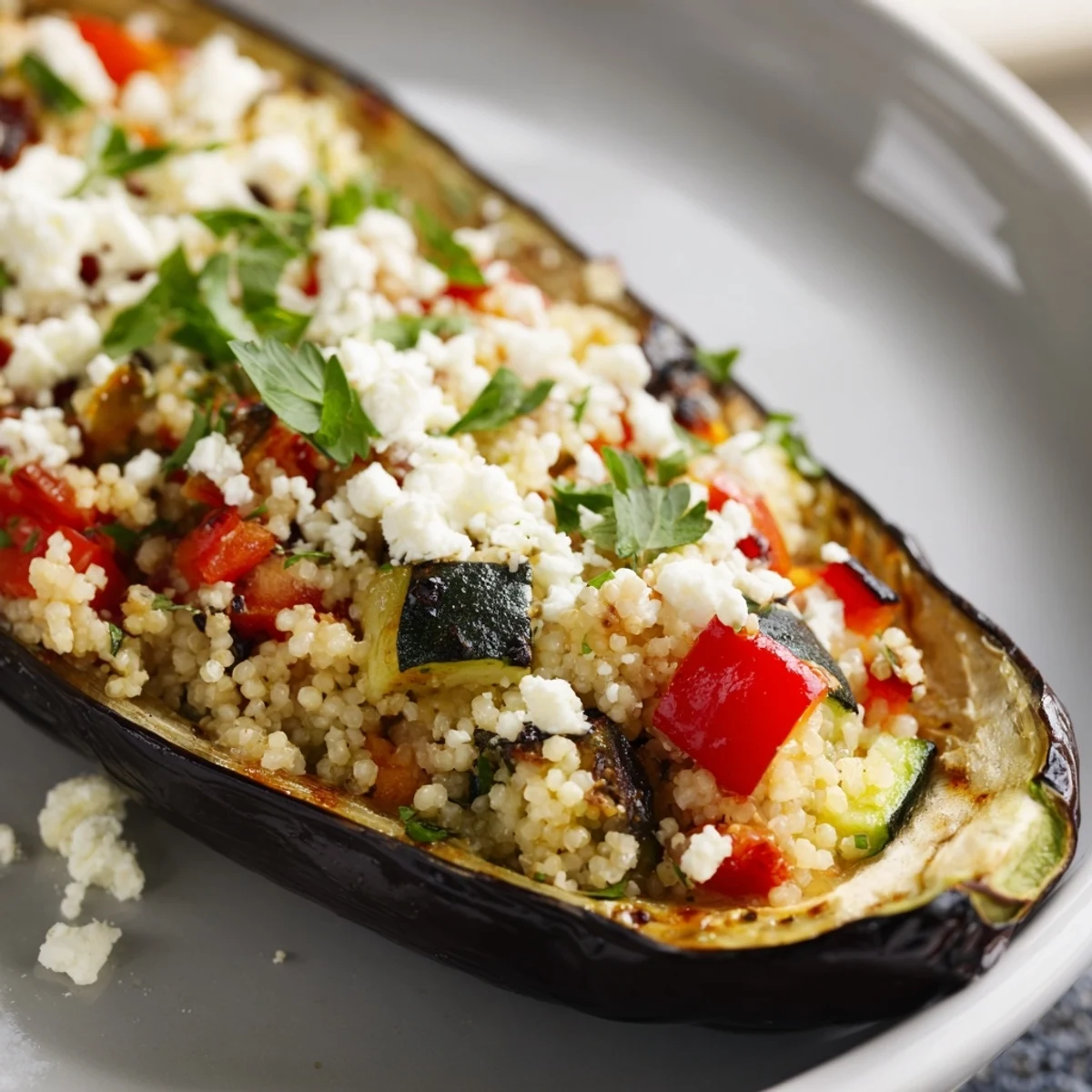 Mediterranean stuffed eggplant with couscous, served hot with a garnish of fresh parsley.