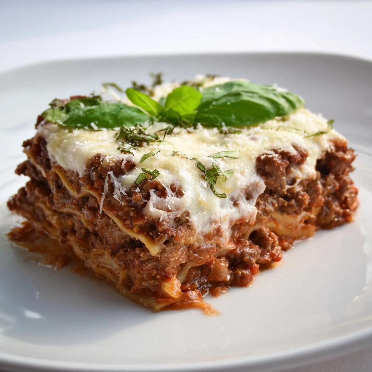 A close-up of a freshly baked Classic Beef Lasagna, golden melted mozzarella and Parmesan bubbling over rich meat sauce layers.