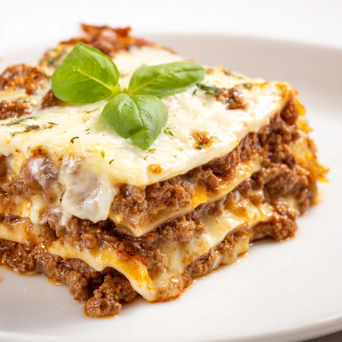 Slice of Classic Beef Lasagna on a plate, steam rising from hearty beef ragu, creamy béchamel, and tender noodles.