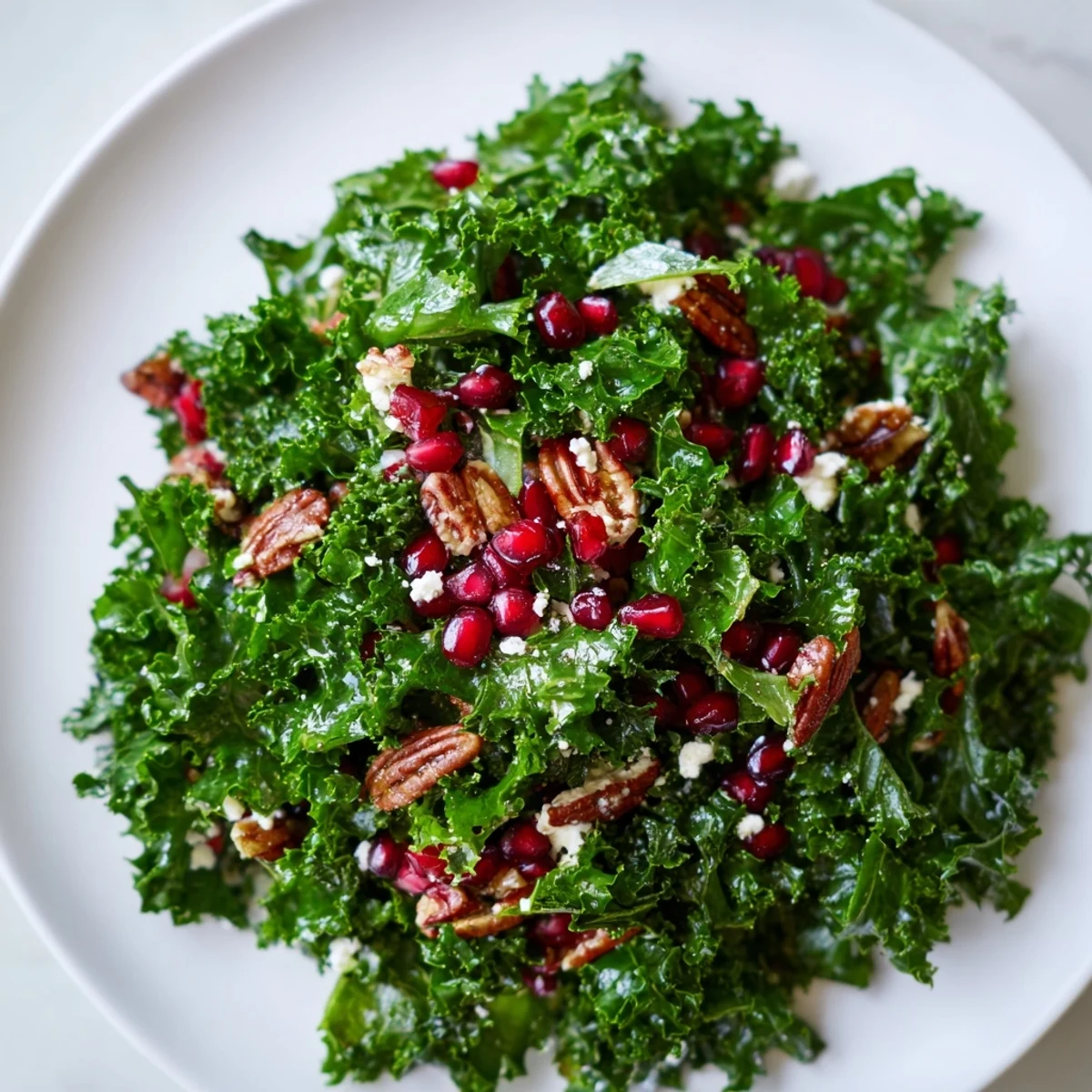 Freshly massaged kale, glistening pomegranate seeds, and toasted pecans create a vibrant Winter Kale Salad with Pomegranate and Pecans on a white plate.  