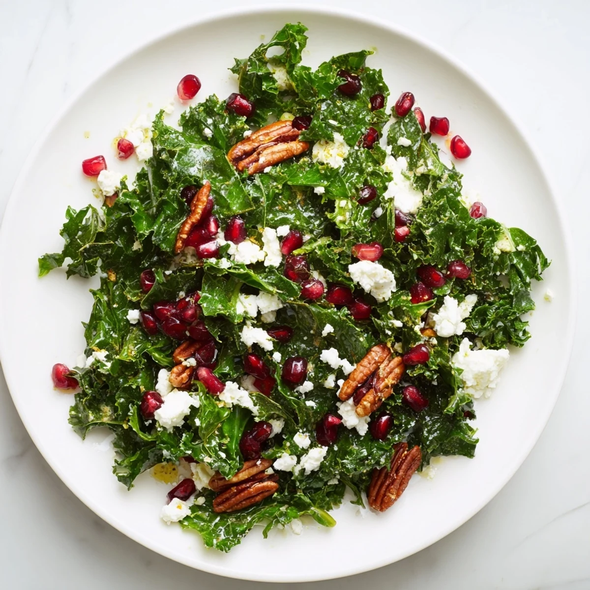 Winter Kale Salad with Pomegranate and Pecans served as a festive side dish, topped with crumbled goat cheese and a light citrus vinaigrette.  