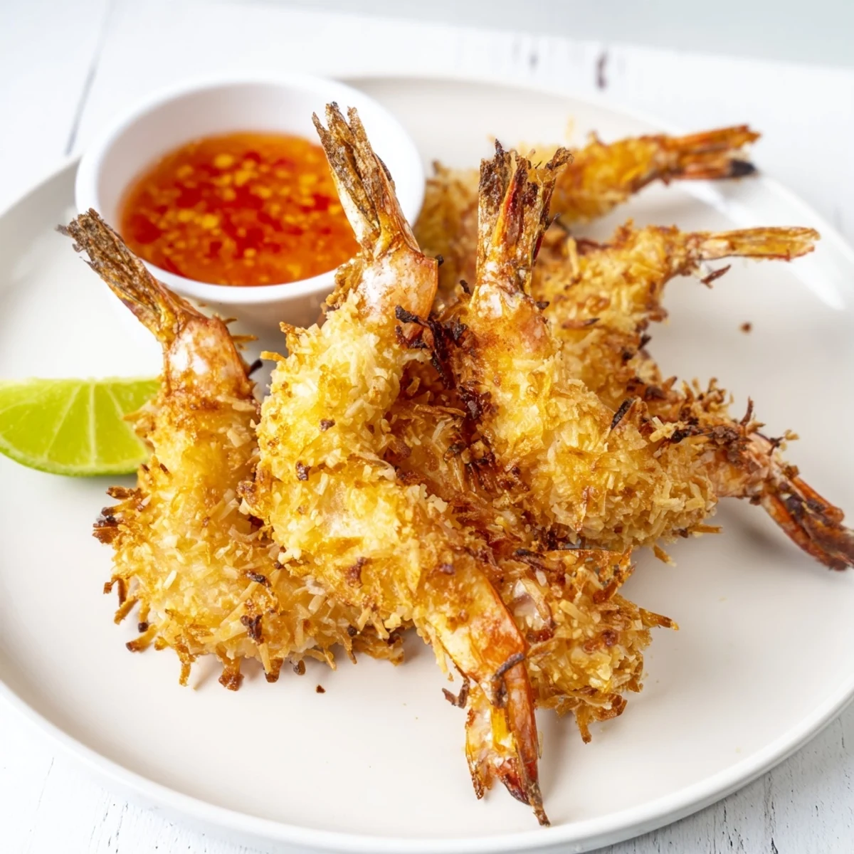 Crispy Coconut Shrimp with Sweet Chili Sauce served on a white plate with lime wedges.
