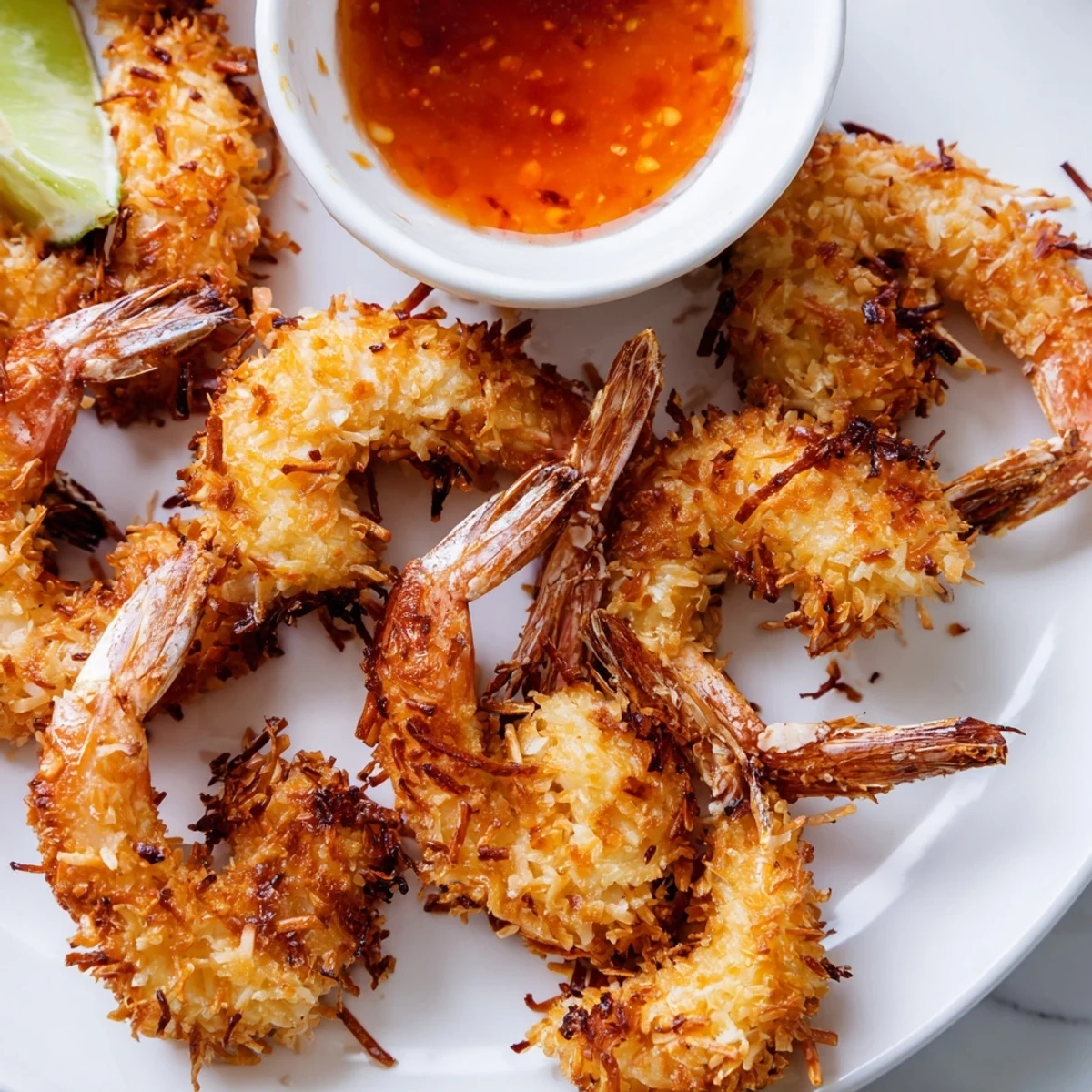 Golden fried shrimp coated in coconut and panko, paired with a vibrant sweet chili dipping sauce.