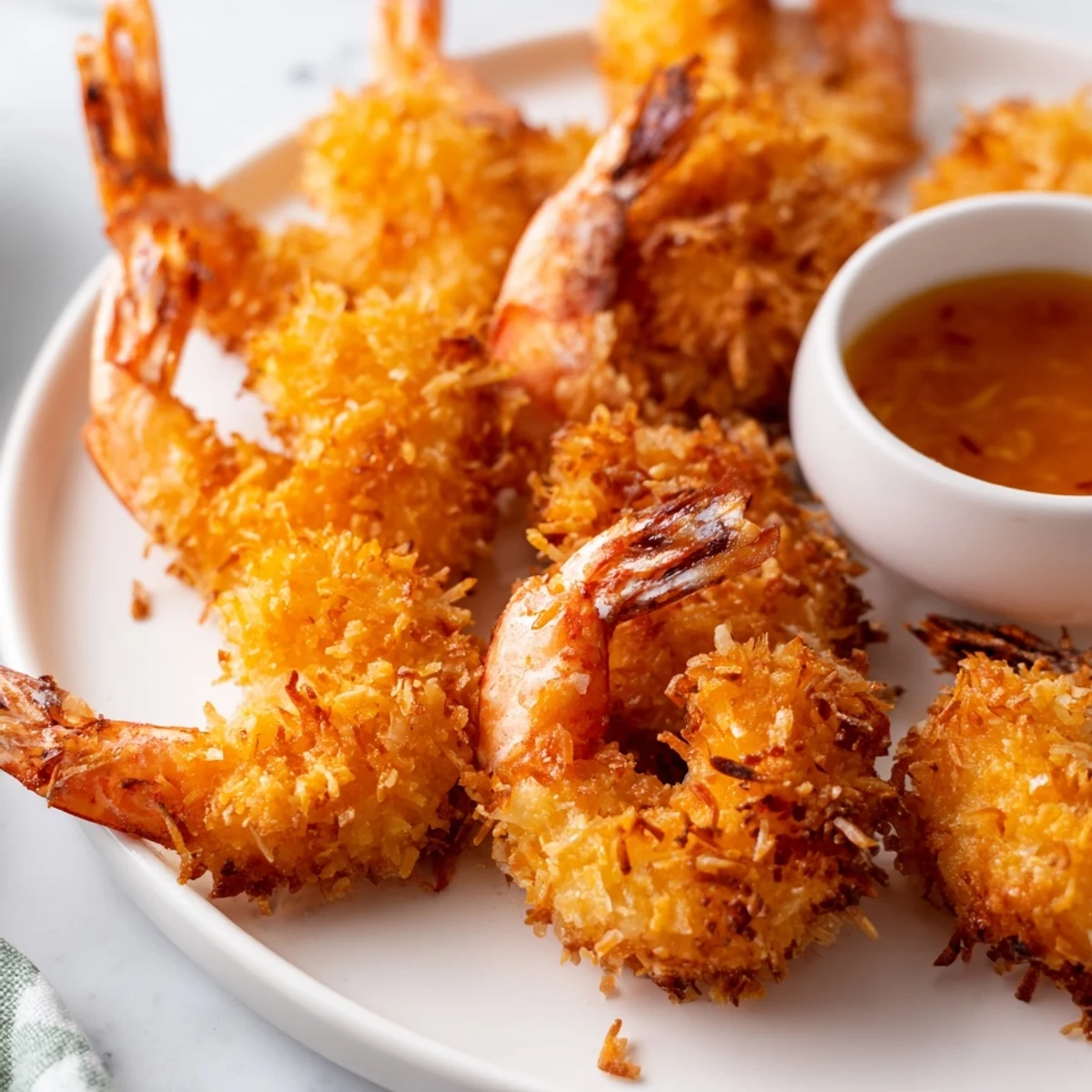 Freshly fried Crispy Coconut Shrimp with Sweet Chili Sauce beside a chilled beer and crisp salad.
