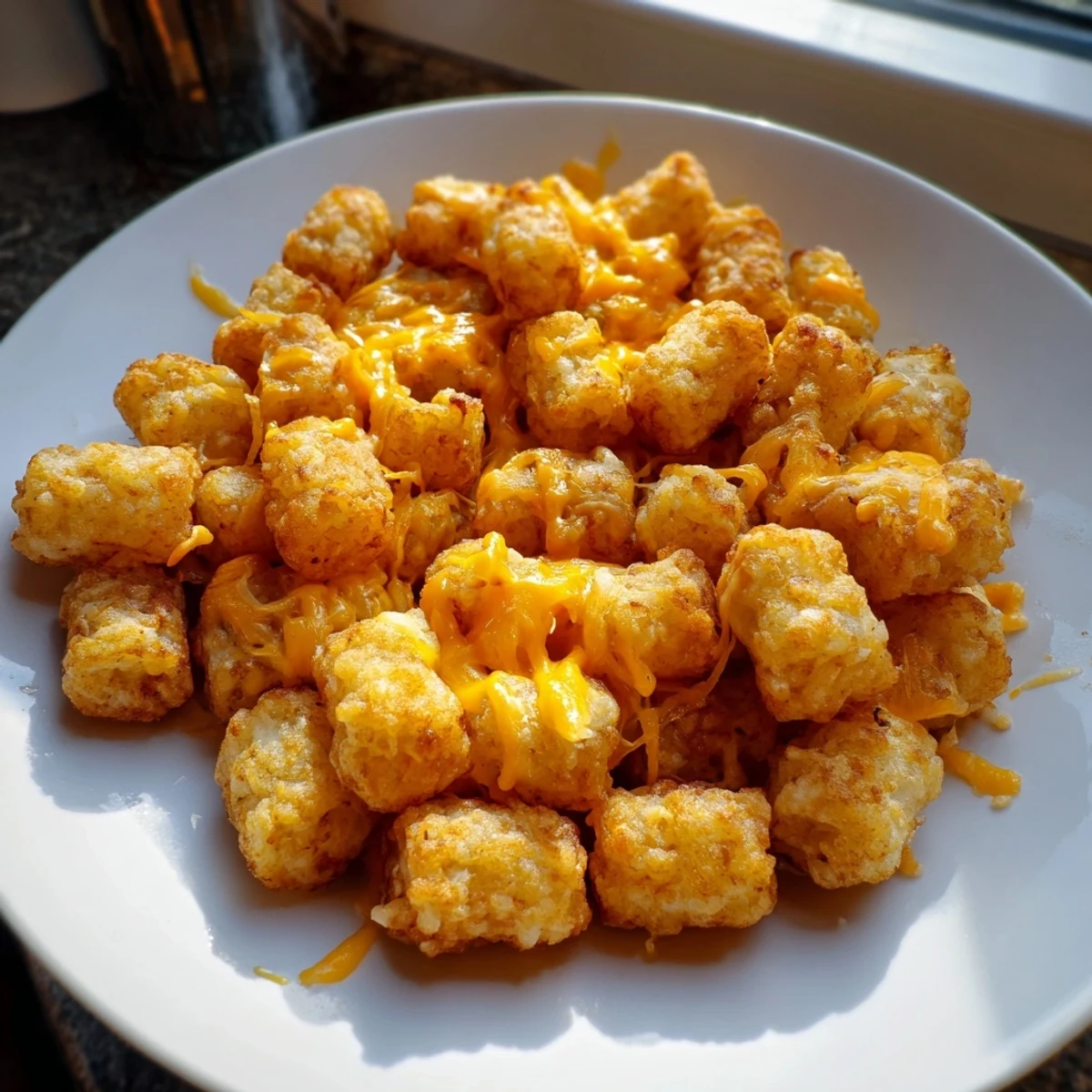 A close-up of a freshly baked Game Day Tater Tot Casserole showcases melted cheddar cheese bubbling over the golden, oven-crisped tater tot topping.