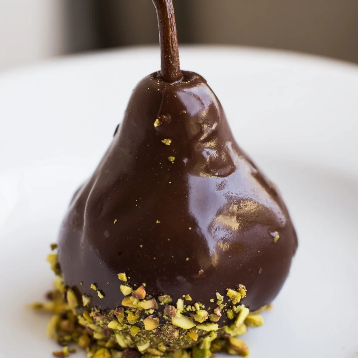 Juicy ripe pears coated in glossy dark chocolate and sprinkled with crunchy pistachios for a romantic dessert treat.  