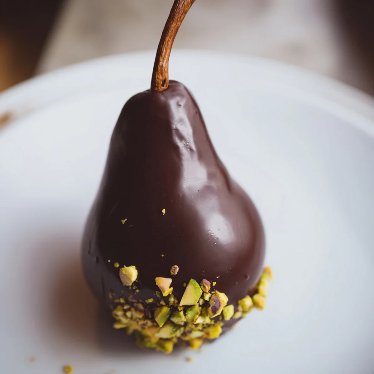 Gluten-free romantic chocolate covered pears on a parchment-lined tray, ready to chill for a sweet, sophisticated finish.