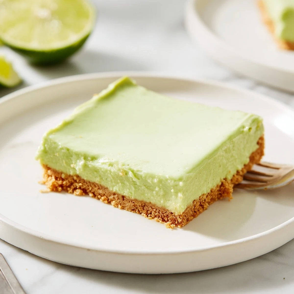 A close-up of vibrant green key lime pie bars, featuring a creamy filling and a golden graham cracker crust.