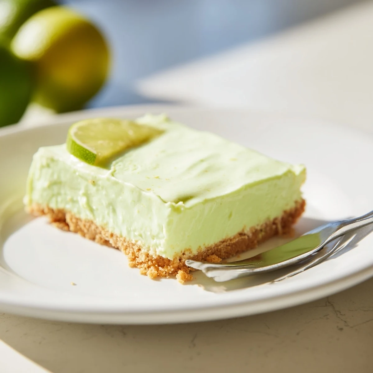 Four chilled key lime pie bars on a white plate, garnished with fresh lime zest and a dollop of whipped cream.