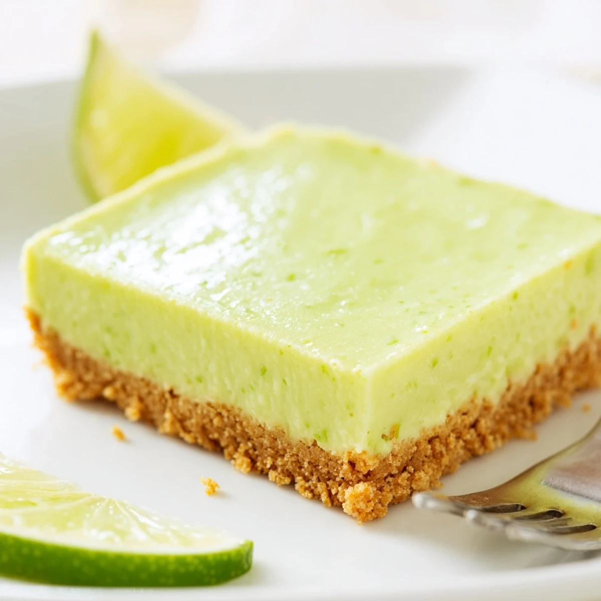 Freshly baked green key lime pie bars in a square pan, showcasing a smooth, tangy filling perfect for summer gatherings.