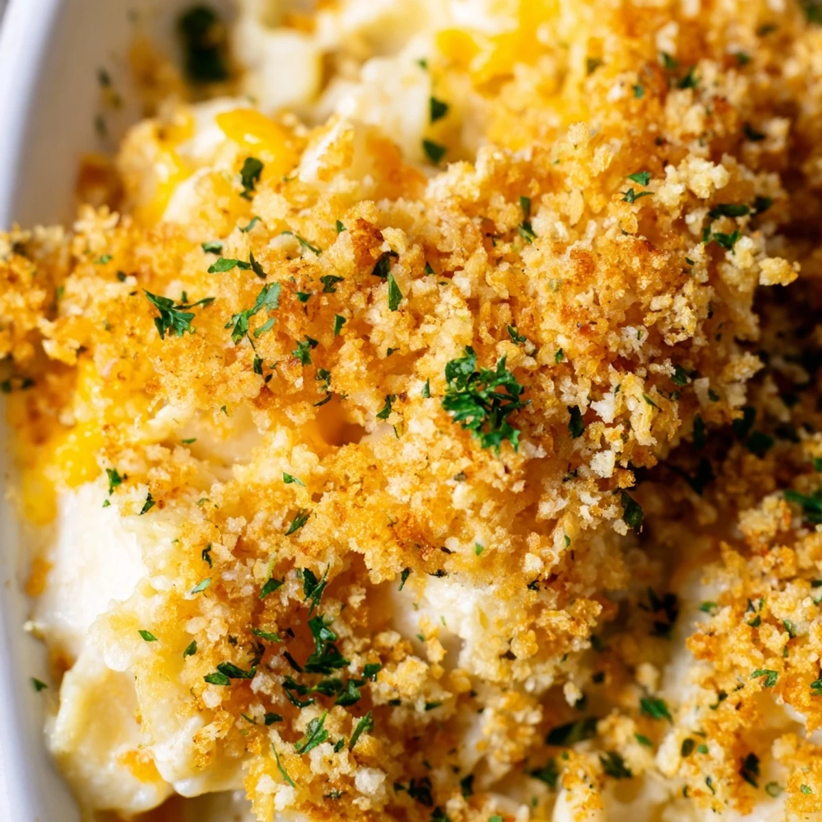 A close-up of golden-brown chicken noodle casserole with crumble topping, showing creamy filling and peas in a white dish.