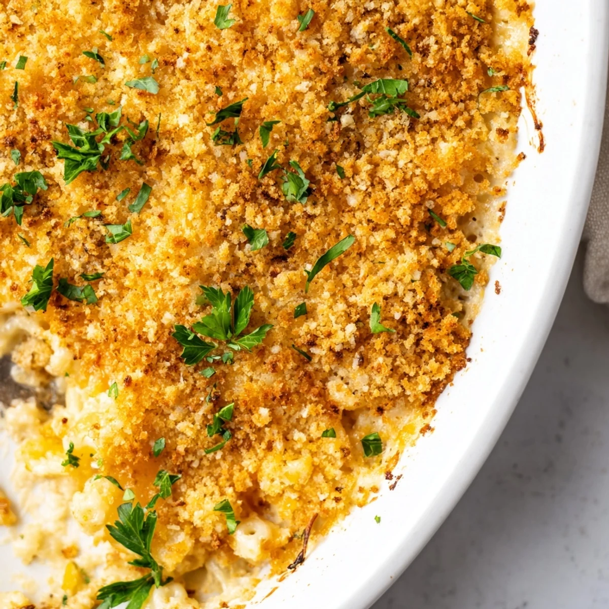 From above, a golden chicken noodle casserole with crumble bubbles in a glass dish, steam rising from the cheesy surface.
