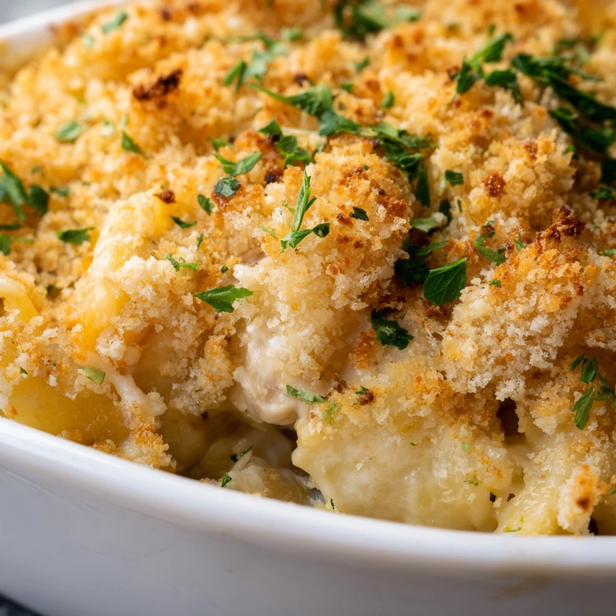 A hearty chicken noodle casserole with crumble sits beside a green salad, perfect for a cozy American family dinner.