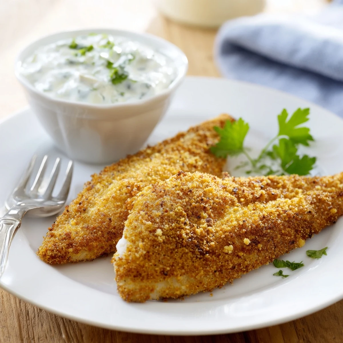 Freshly fried Cajun catfish fillets feature a spicy, golden crust, served hot with tangy tartar sauce and lemon.  