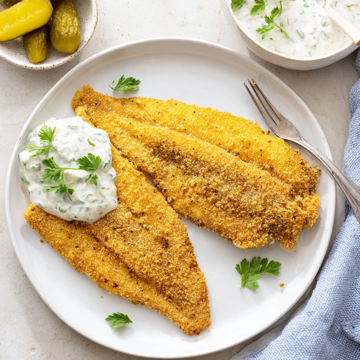 A close-up of Cajun Fried Catfish fillets highlights crispy edges and a creamy tartar sauce garnished with fresh parsley.