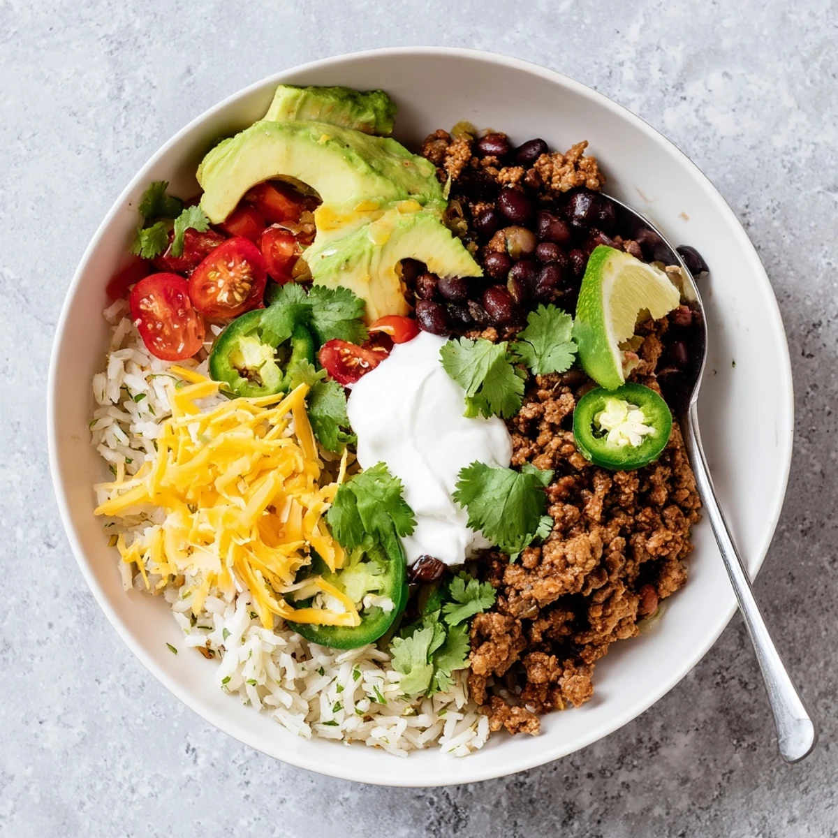 Vibrant Beef Burrito Bowls with Rice and Beans feature seasoned ground beef, fluffy lime-cilantro rice, and creamy black beans topped with fresh avocado and cheese.