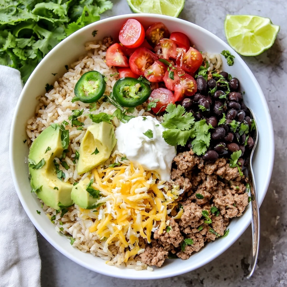 A close-up of hearty Beef Burrito Bowls with Rice and Beans shows steaming beef, beans, and colorful tomatoes, jalapeños, and sour cream ready to enjoy.