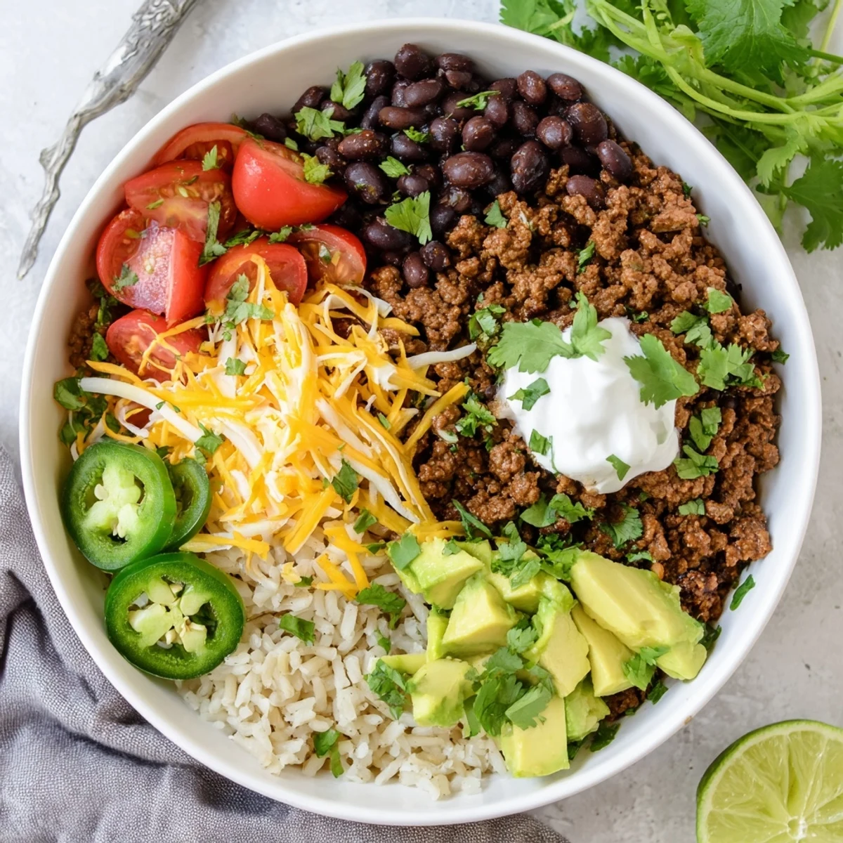Savory Beef Burrito Bowls with Rice and Beans arranged in a rustic bowl, garnished with cilantro, lime wedges, and cheese for a weeknight Tex-Mex dinner.