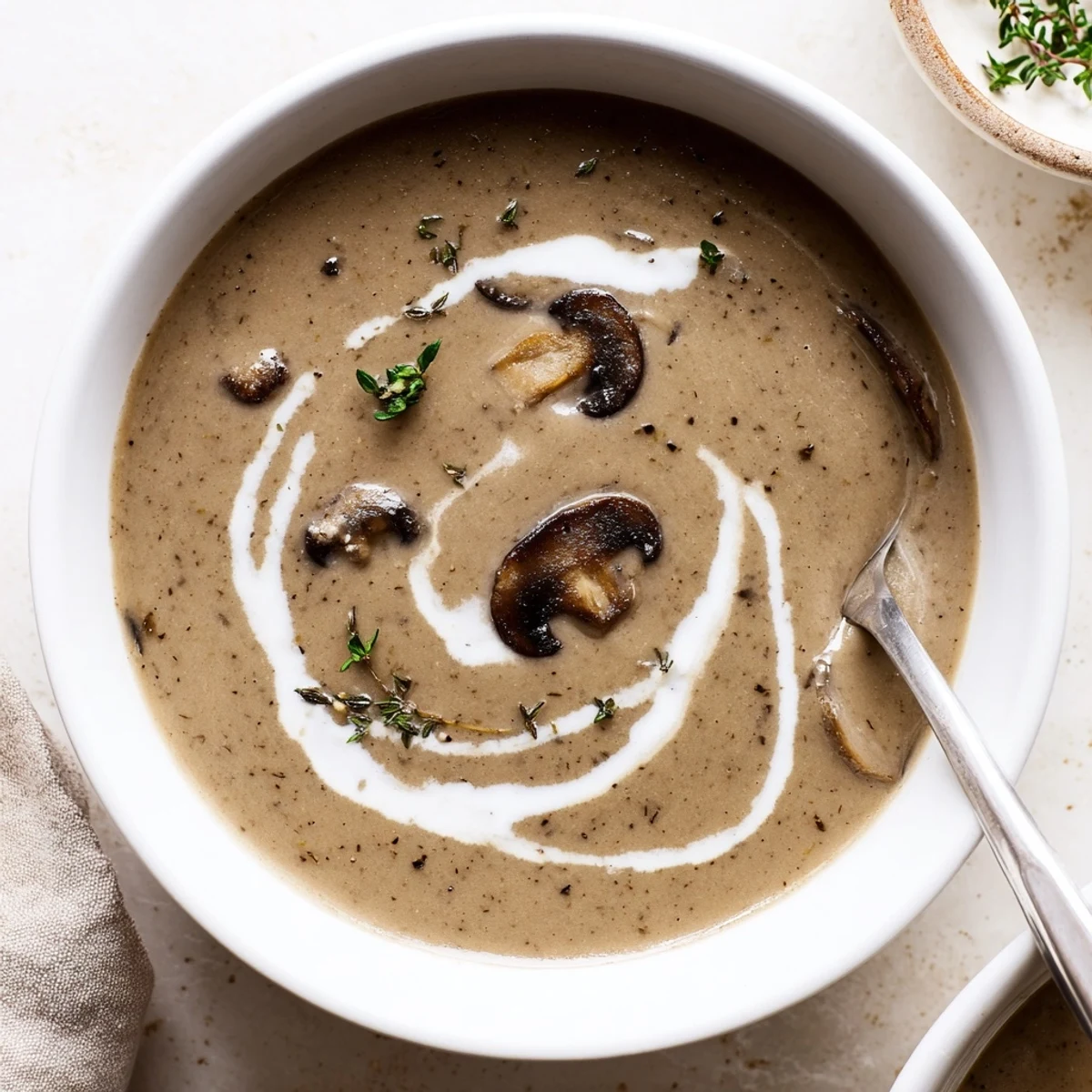 This Creamy Mushroom Soup with Thyme features velvety puree and sautéed mushrooms, perfect served with crusty bread for dipping.