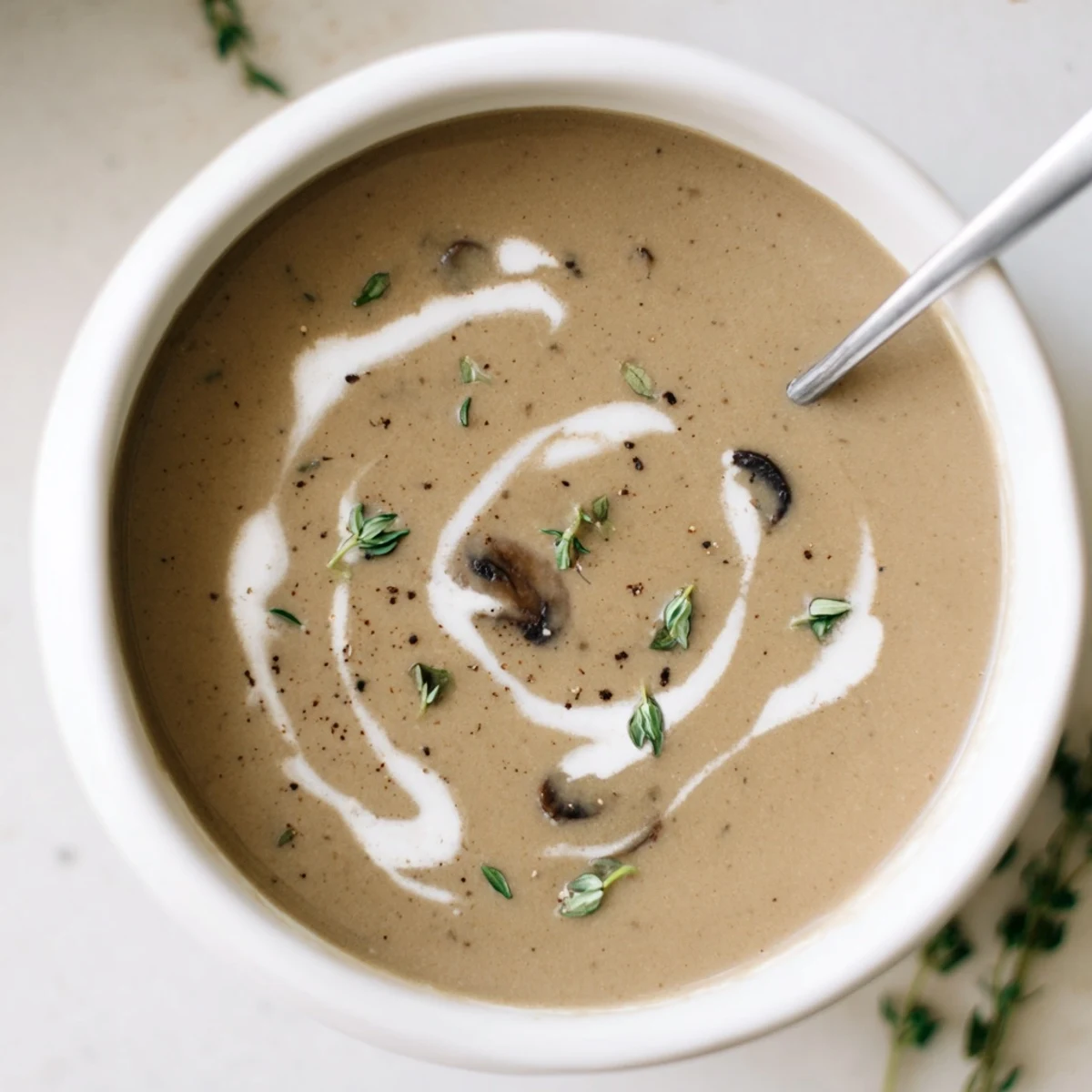 A cozy bowl of Creamy Mushroom Soup with Thyme garnished with fresh thyme and a light cream drizzle.