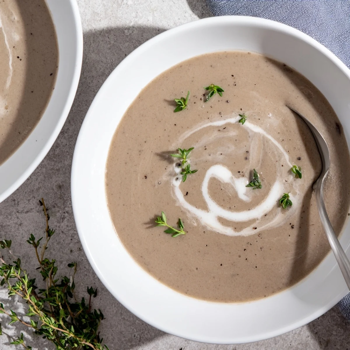 Golden-brown mushrooms and fresh thyme in Creamy Mushroom Soup with Thyme, ideal for an elegant starter or comforting lunch.