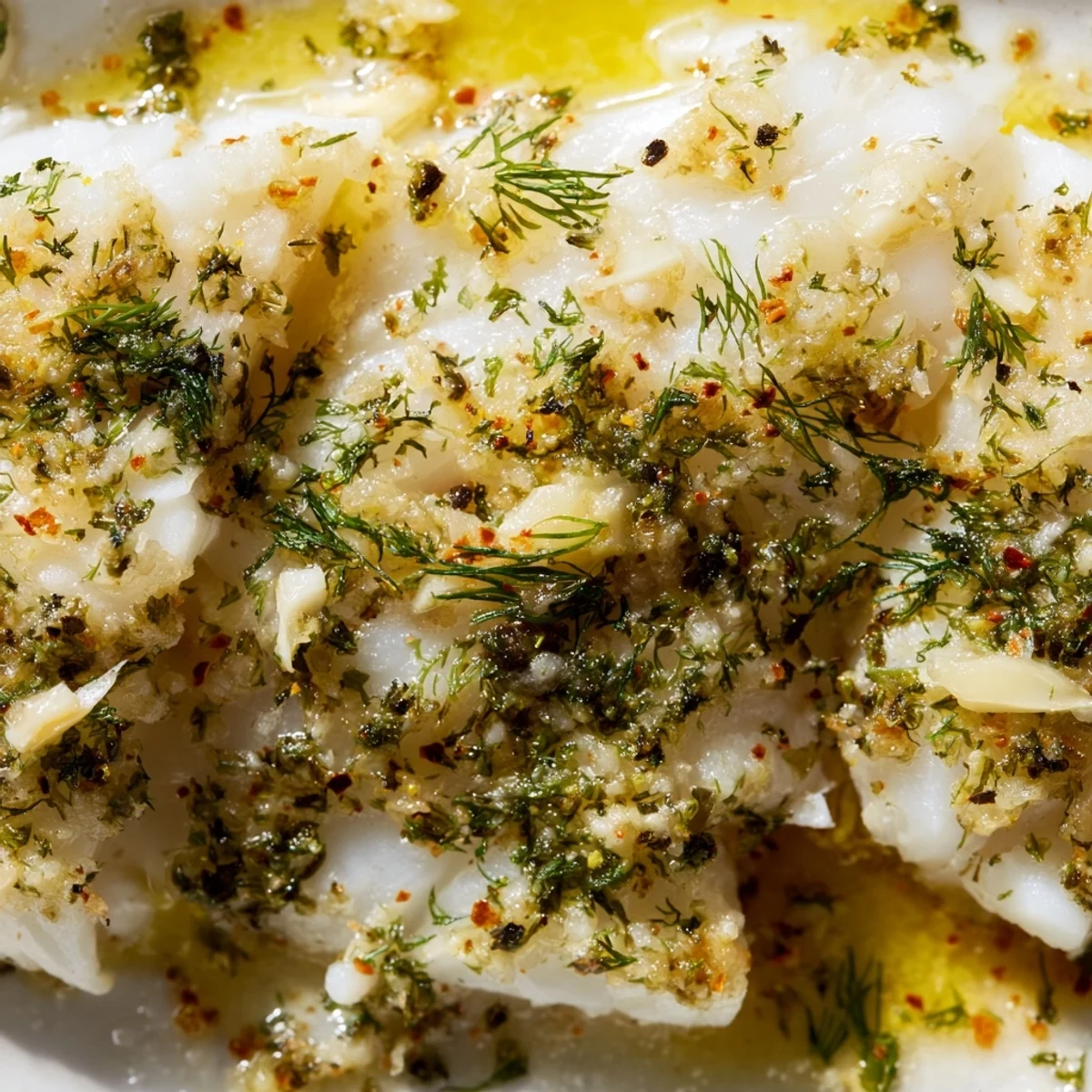 Sizzling garlic butter sauce spooned over tender baked cod, garnished with vibrant green parsley.