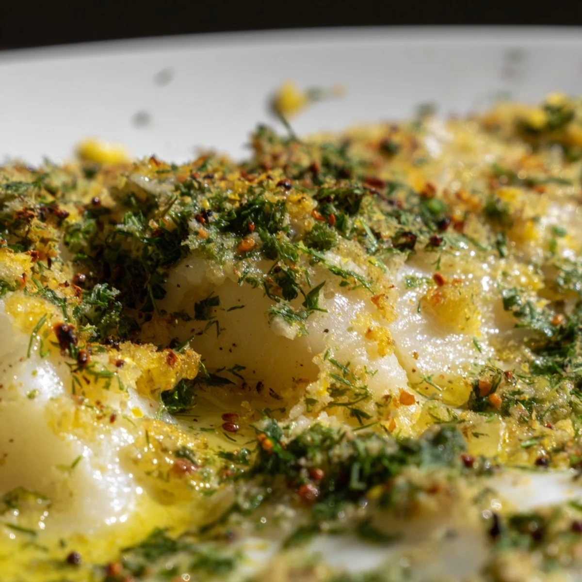 Flaky baked cod fillets glazed in aromatic garlic butter and fresh herbs on a white plate.