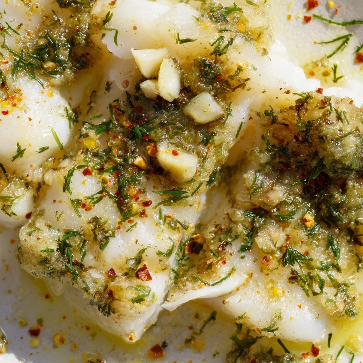Golden-baked cod with garlic butter, served alongside steamed veggies and lemon wedges for a fresh dinner.