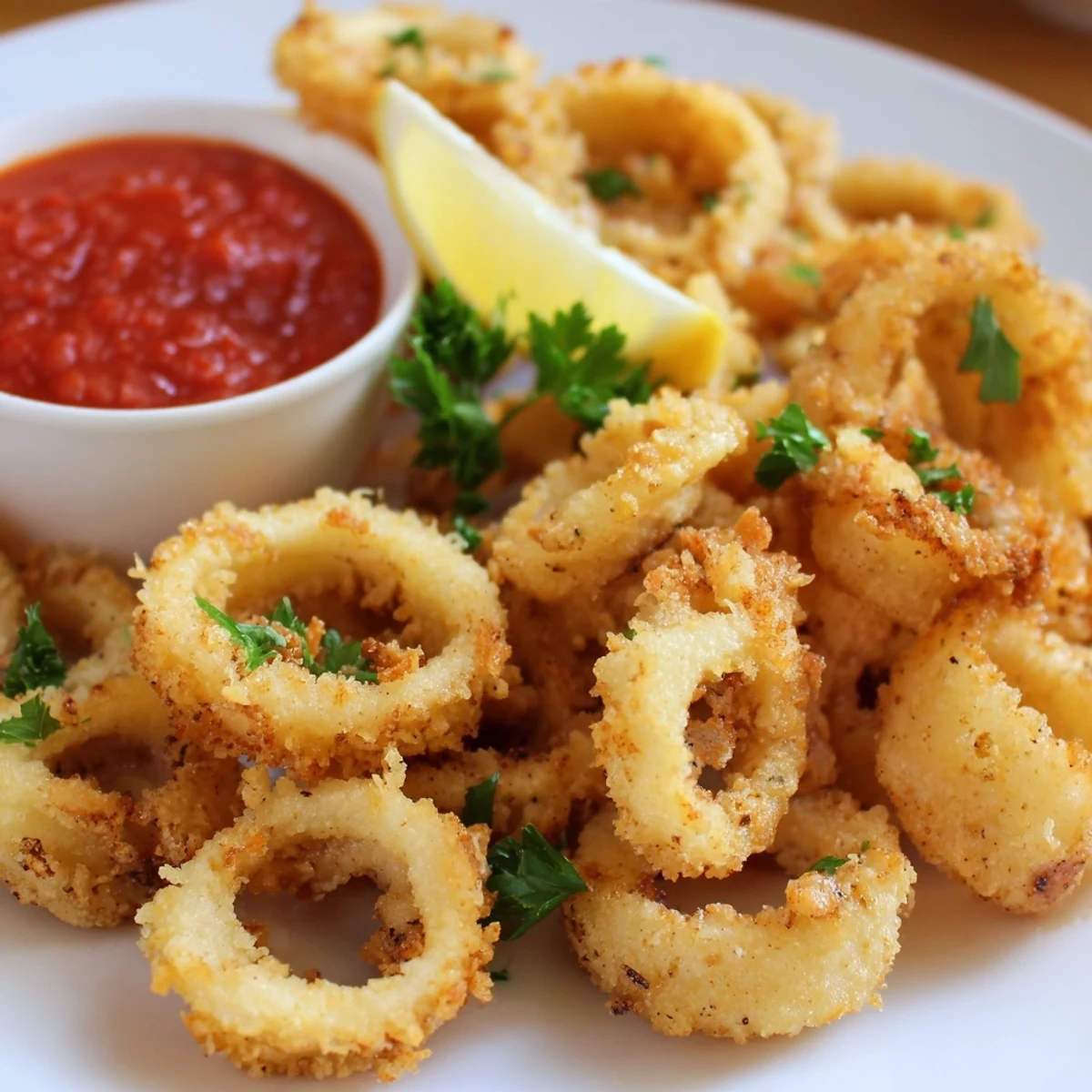Crispy calamari rings coated in a light, golden batter, served with a zesty marinara dipping sauce on the side.
