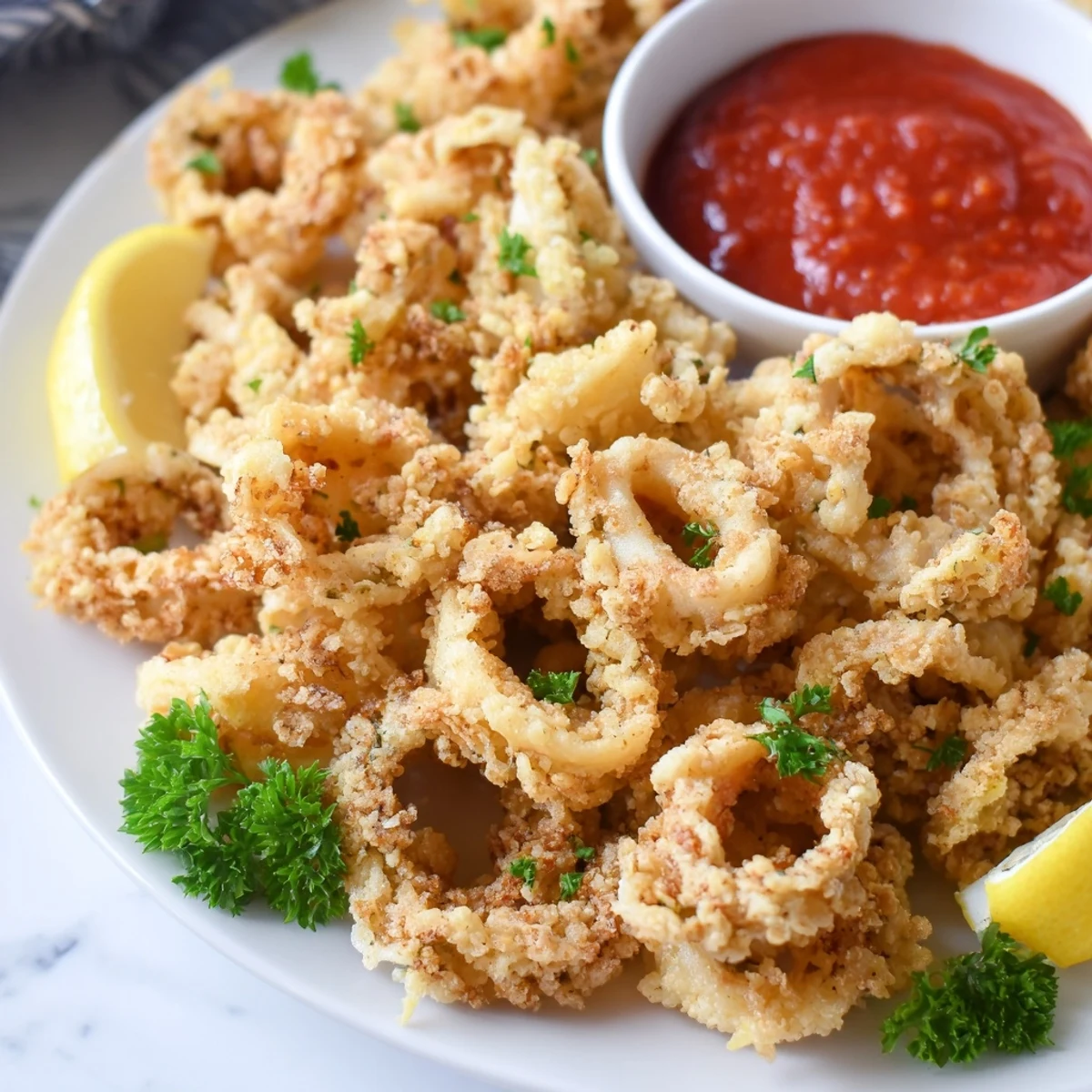 Freshly fried Crispy Calamari with Marinara Dipping Sauce, garnished with parsley and lemon wedges on a rustic serving plate.