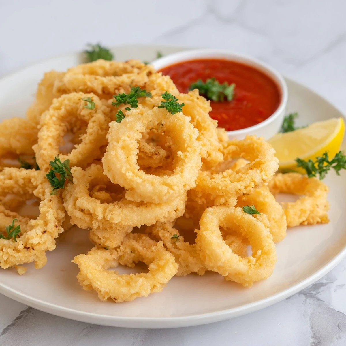 Homemade Crispy Calamari with Marinara Dipping Sauce, featuring tender fried squid and a rich, tomato-based sauce for dipping.