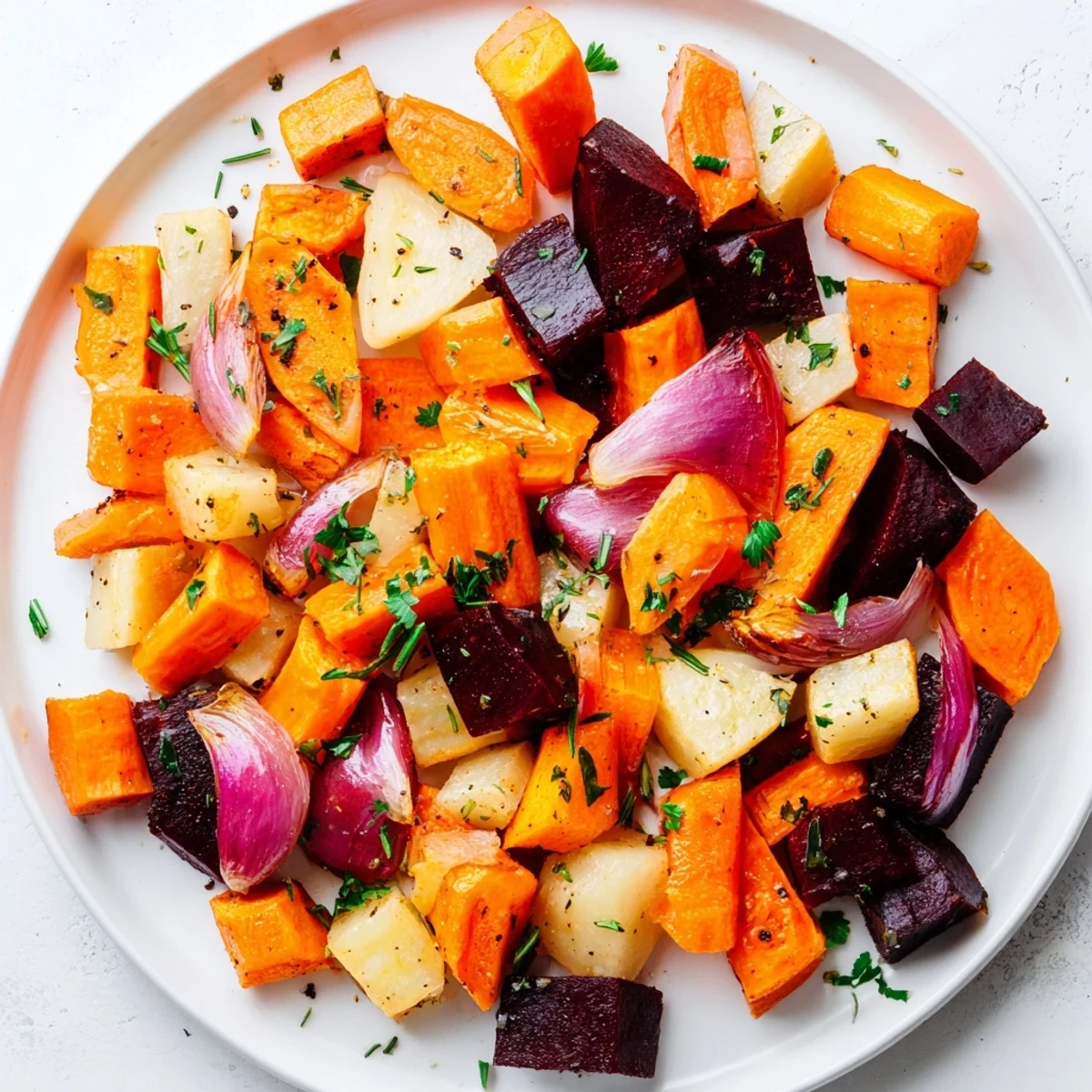 A close-up of golden, caramelized roasted root vegetable medley with herbs, glistening with olive oil on a baking sheet.