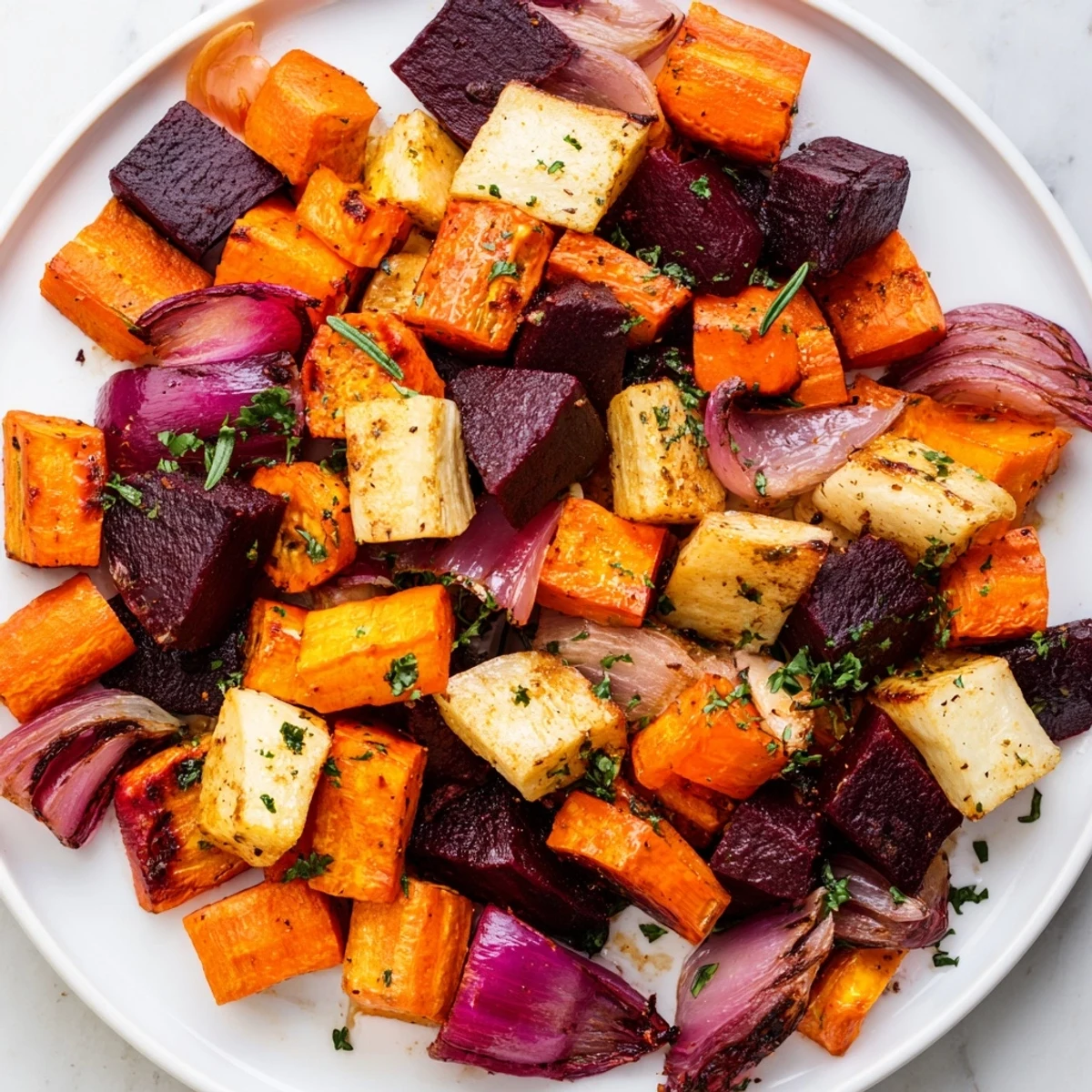 Fork-tender roasted root vegetable medley with herbs served warm in a rustic bowl, garnished with fresh parsley.