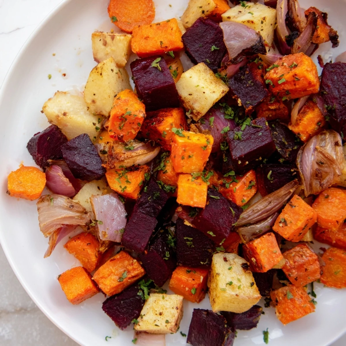 Colorful tray of oven-roasted carrots, parsnips, beets, and sweet potatoes tossed in fragrant herbs for a wholesome side.