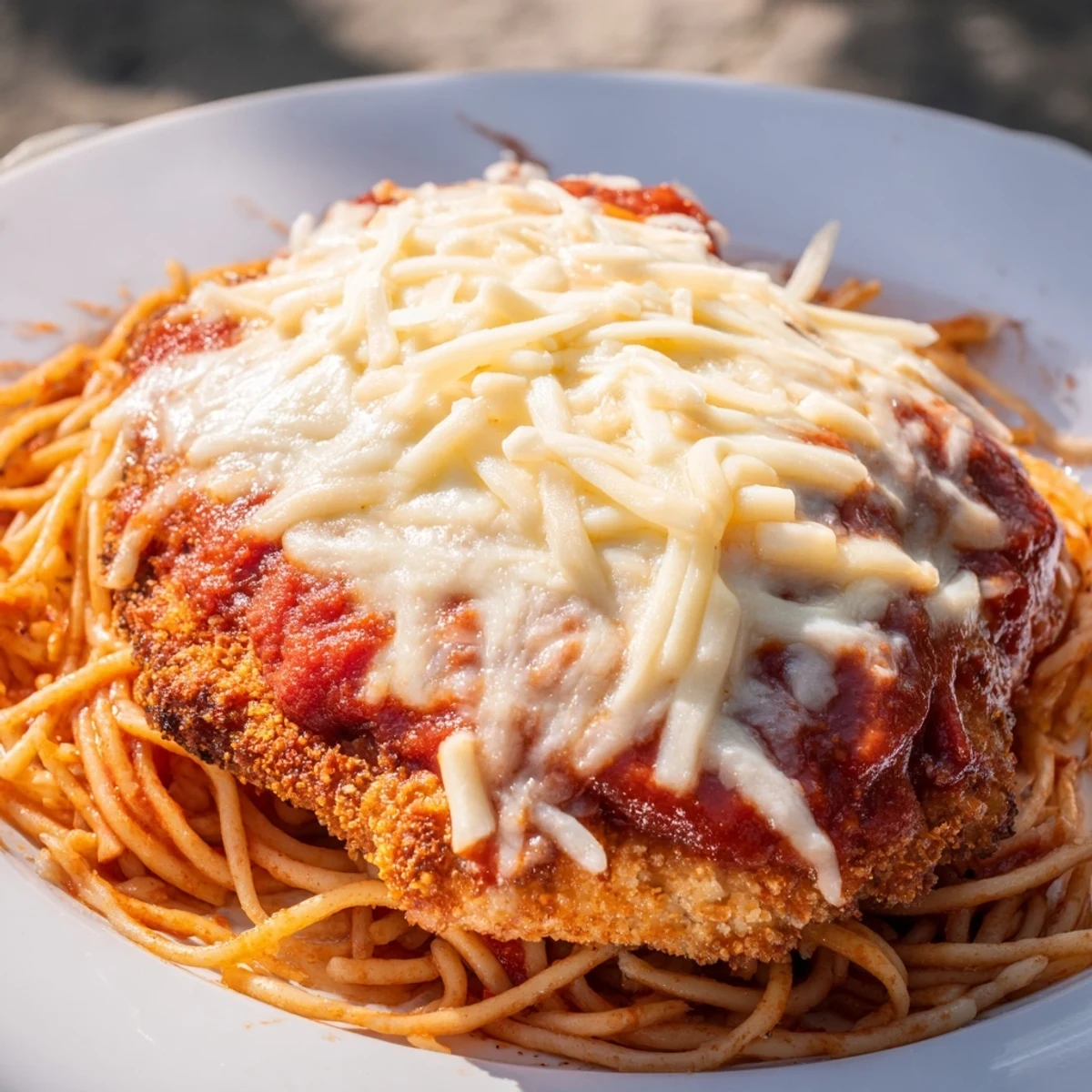 Crispy breaded chicken Parmesan with melty cheese sits atop a bed of spaghetti marinara, garnished with fresh basil leaves.
