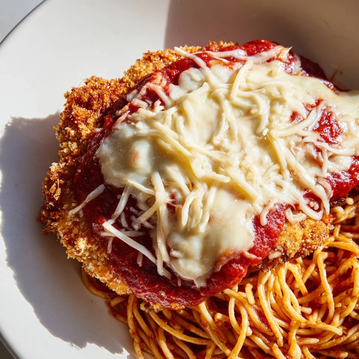 Golden, baked chicken Parmesan rests on a hearty portion of spaghetti coated in rich, homemade marinara sauce.