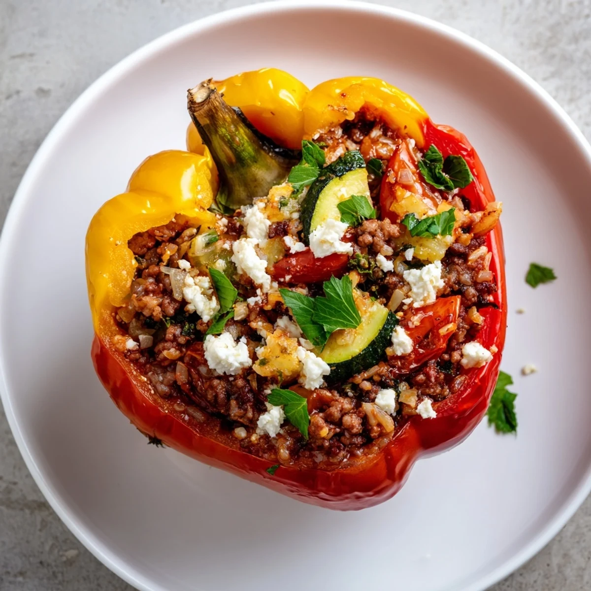 Mediterranean Stuffed Bell Peppers feature tender bell peppers filled with savory seasoned beef, rice, and Mediterranean vegetables, topped with melted feta cheese and fresh herbs.