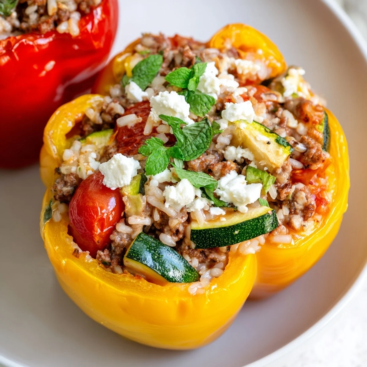 Golden baked Mediterranean Stuffed Bell Peppers reveal a hearty filling of seasoned ground beef, zucchini, and cherry tomatoes, served hot from the oven on a rustic plate.