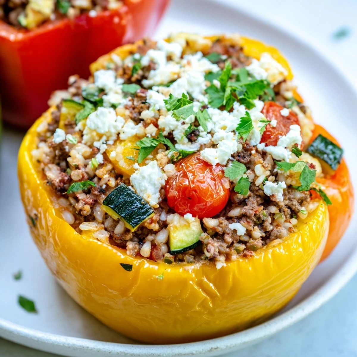 In a close-up view, Mediterranean Stuffed Bell Peppers display juicy peppers cradling a colorful mixture of beef and grains, garnished with fresh mint and crumbled feta.