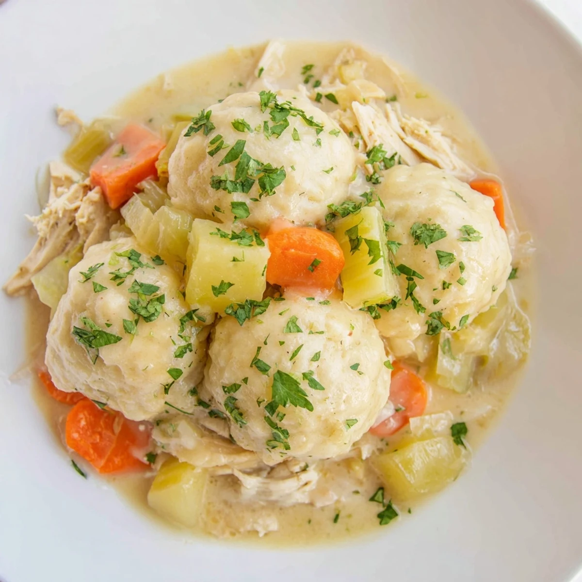 Hearty Slow Cooker Chicken and Dumplings served in a rustic bowl with carrots and parsley garnish.  
